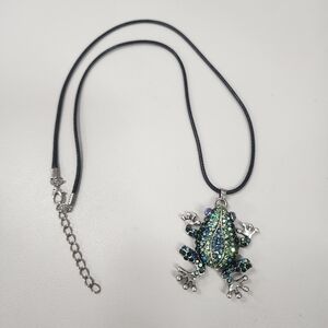 Frog Rhinestone Pendant Necklace with Black Cord Silver-tone Whimsical